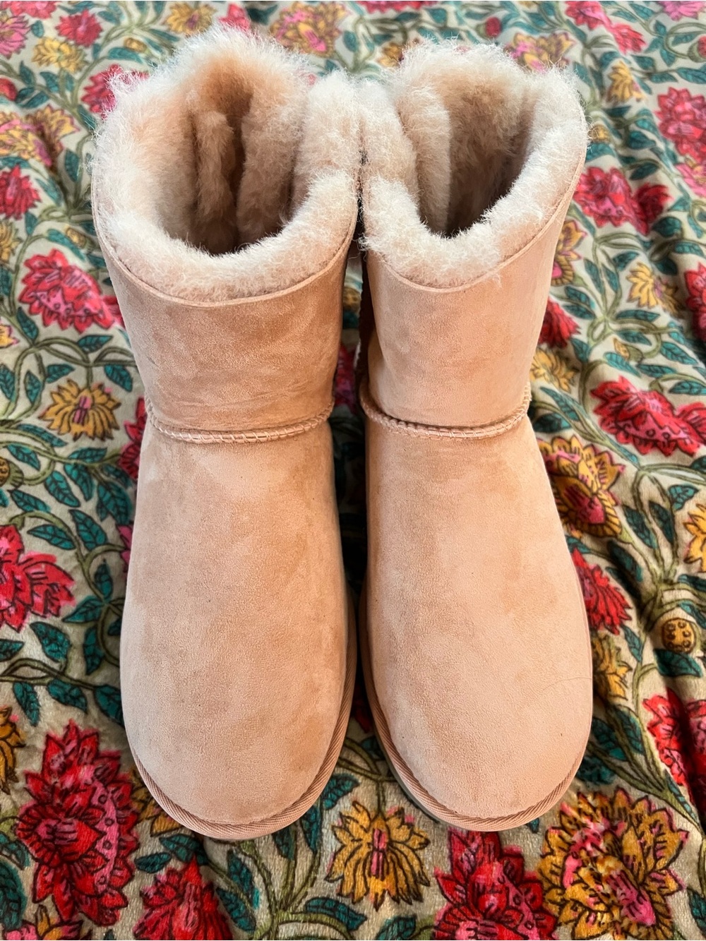 UGG Plush Shearling Lined Women's Suede Boots With Back Furry Bow- Light Pink